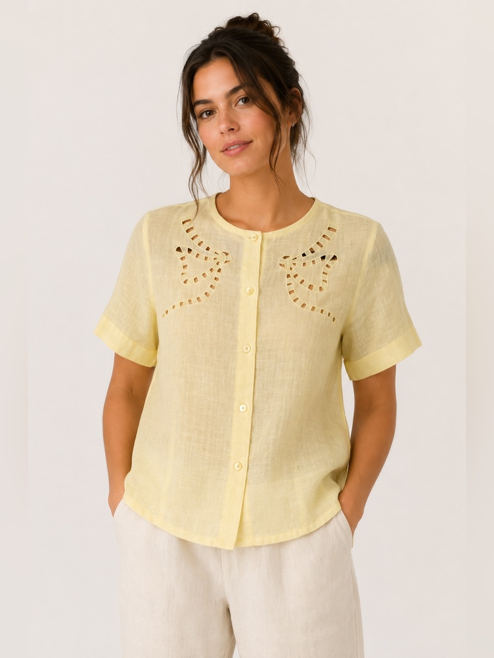 Coquette Girl Butter Yellow Cottagecore Linen Embroidered Bow Cutout Blouse